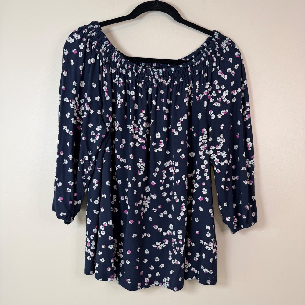 J. Jill Wearever Large Floral Smocked Round Neck Stretch Blouse Career Teacher